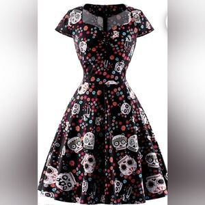 Sugar Skull A-line Midi Dress-Medium